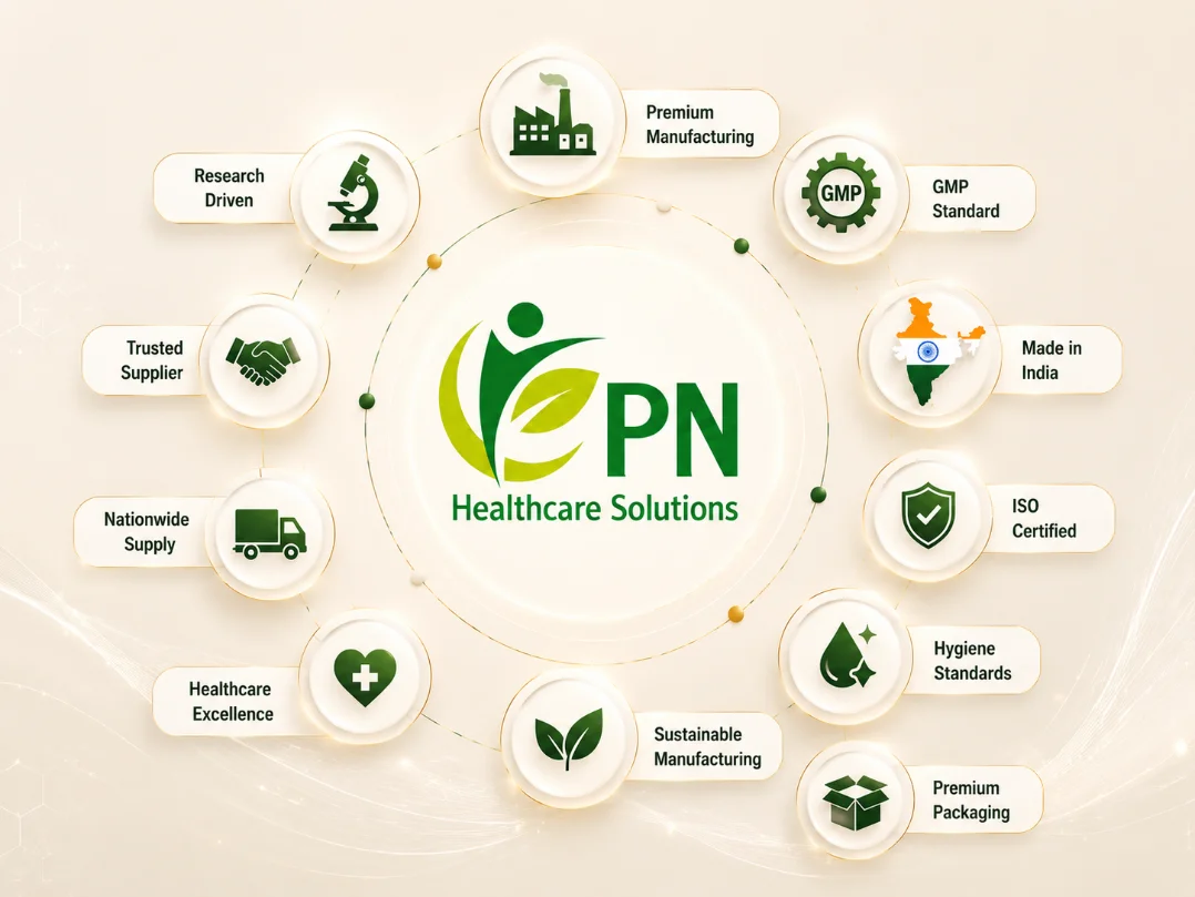 PN Healthcare Solutions brand infographic showing GMP standard, ISO certified, made in India, premium manufacturing and nationwide supply