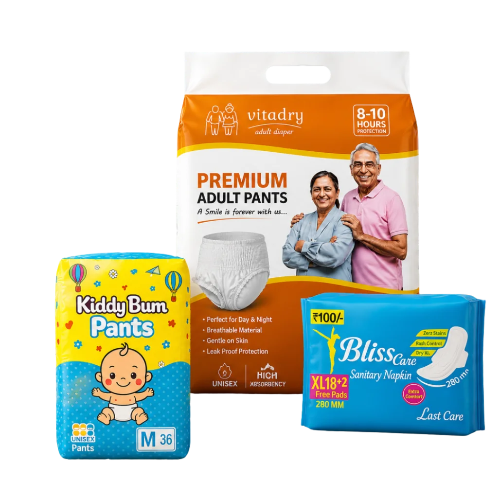 Kiddy Bum baby diaper pants, Vitadry adult diapers and Bliss Care sanitary napkins product range